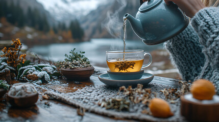 Woman Preparing Hot Herbal Tea in Scenic Winter Mountain Setting for Cozy Self-Care Snowy Landscape