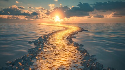 Golden Light and Financial Path A glowing pathway made of coins or dollar bills, set against a backdrop of a sunrise or horizon, symbolizing a bright financial future