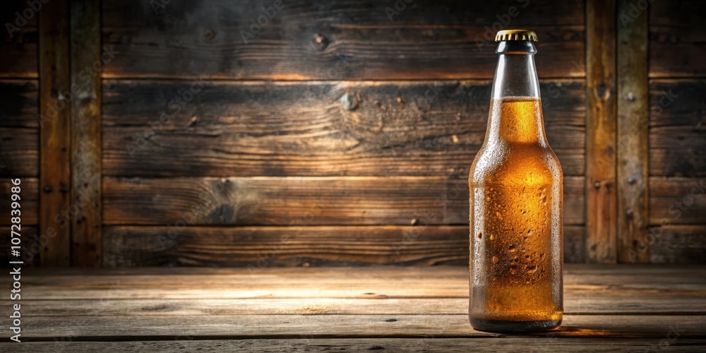 Poster a single bottle of beer on a rustic wooden table with a blurred wooden background