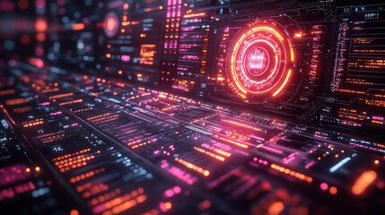 Fototapeta premium Futuristic digital interface with glowing elements and circuitry.