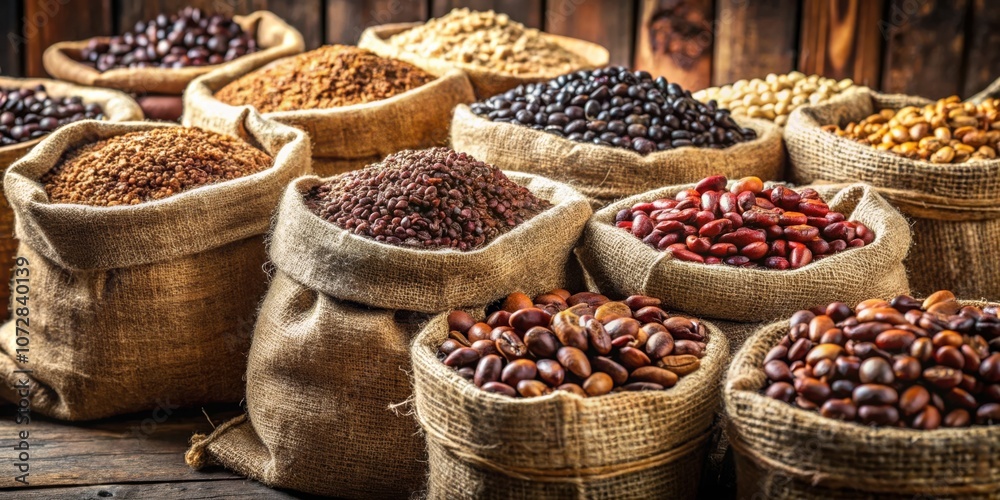 Poster A rustic arrangement of various beans and grains in burlap sacks, showcasing a variety of textures and colors, creating a visually appealing and wholesome scene.