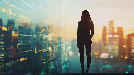Fototapeta premium Abstract business woman stands on the peak of success amid tall, innovative Smart city and graphs with statistics to analyze business potential and predict future developments in company growth.