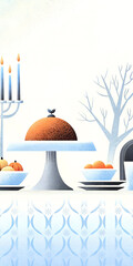 Elegant Winter Table Setting with Fruit, Candelabra, and Frosty Trees