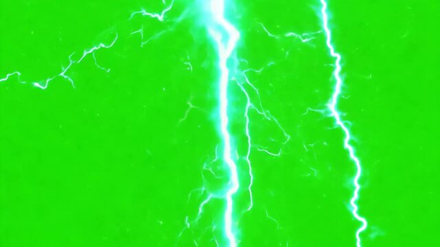 "Lightning bolt striking during thunderstorm. Isolated green screen effect for VFX and animation. Electricity and flash elements for design and video editing.