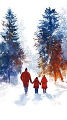 Fototapeta premium Family stroll through a snowy forest, capturing warmth and joy in winter scenery.