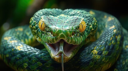 Fototapeta premium Close-up of a vibrant green snake with striking yellow eyes.