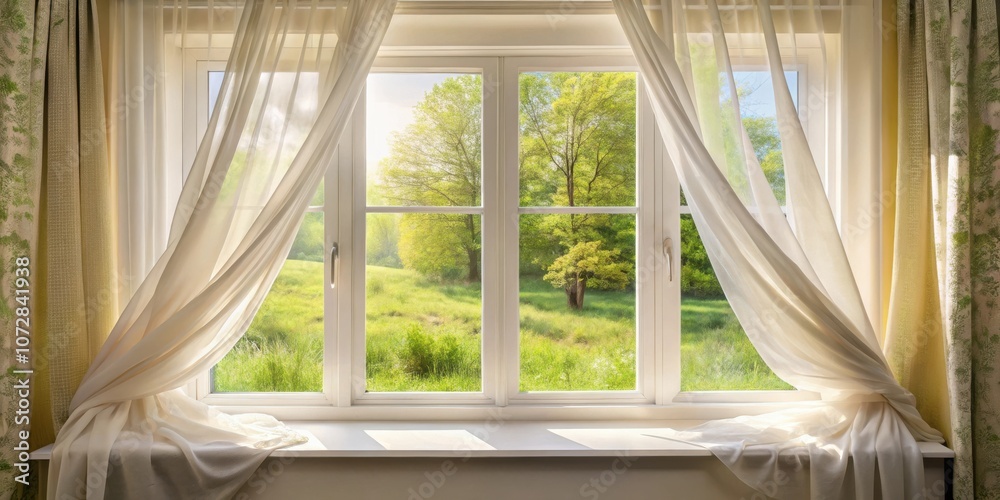 Aufkleber White Sheer Curtains Flowing in the Breeze with a View of Lush Green Meadow and Trees Beyond the Window