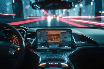 HUD UI design car illustration, highlighting futuristic services and data analysis.