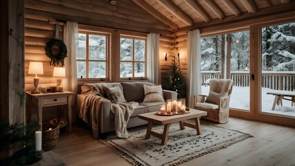 Naklejka premium A cozy log cabin interior featuring warm lighting, a comfortable sofa, candles, and a view of snowy trees outside.