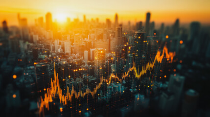 Obraz premium Abstract business man stands on the peak of success amid tall, innovative Smart city and graphs with statistics to analyze business potential and predict future developments in company growth.