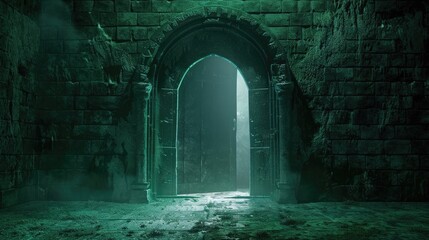 Ancient crypt door slightly ajar, soft green glow emanating from within