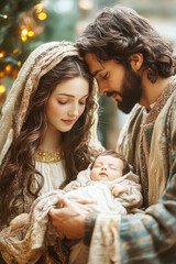 Obraz premium The Holy Family in a detailed Catholic nativity scene