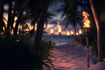 Row of bamboo Torches flaming at night