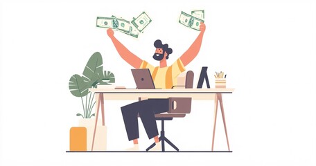 person with a laptop and money, The money falling from the sky