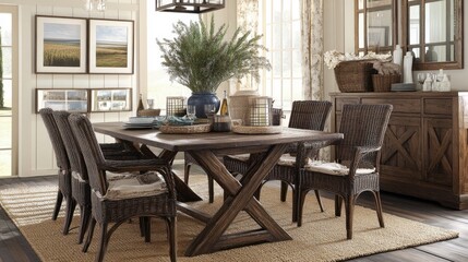 Rustic Dining Room with Wooden Table and Rattan Chairs Surrounded by Natural Light, Featuring Decorative Plants and Wall Art in Cozy Home Environment