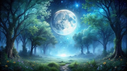 Enchanted Forest bathed in the ethereal glow of a full moon, illuminating a path leading to the unknown