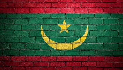 モーリタニアの国旗がペイントされたレンガの壁。(Brick wall painted with the Mauritania flag.)
