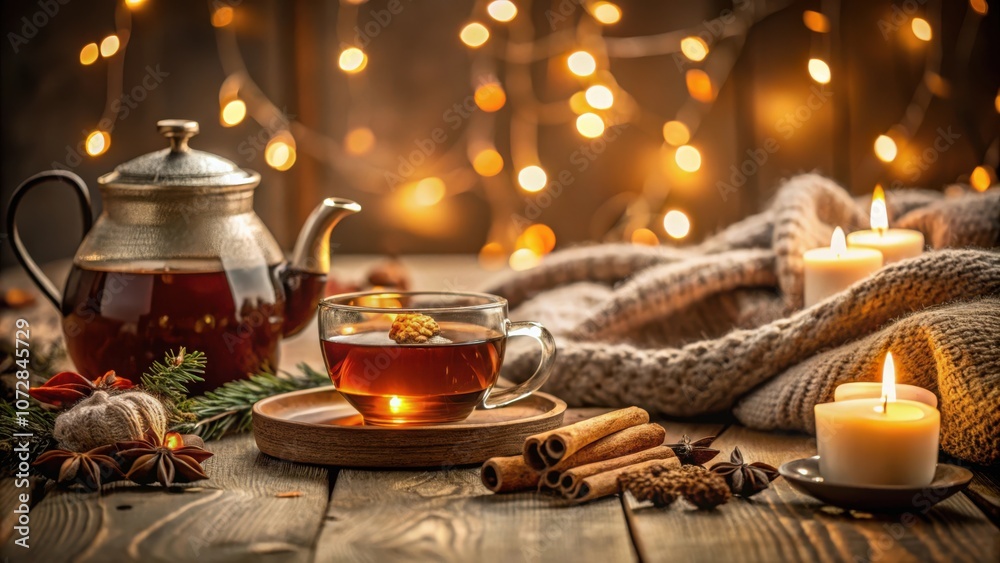 Poster a warm cup of tea with cinnamon sticks and candles on a rustic wooden table, creating a cozy and inv