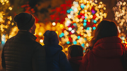 Christmas light show in the park with families watching colorful displays.