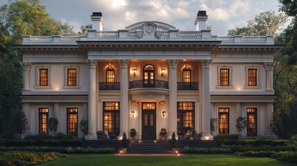 Obraz premium Elegant mansion with classical architecture and lush surroundings.
