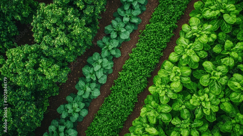 Wall mural A vibrant aerial view of lush green vegetable rows showcasing healthy crops in a well-maintained garden or farm.