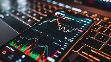 Fototapeta premium A smartphone displaying a stock market graph on a laptop keyboard.