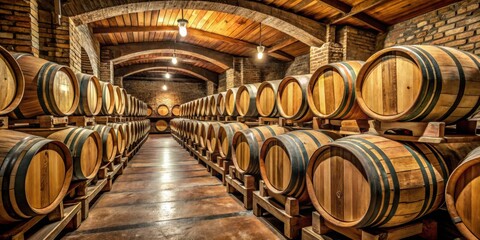 Rows of wooden barrels in a wine cellar, illuminated by warm light, showcasing the rich history and tradition of winemaking