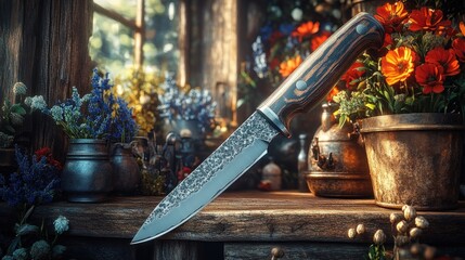A beautifully crafted knife amidst vibrant flowers and rustic decor.
