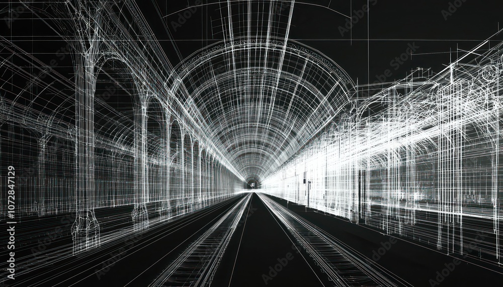 Poster detailed wireframe rendering of intricate train station architecture for visualization.
