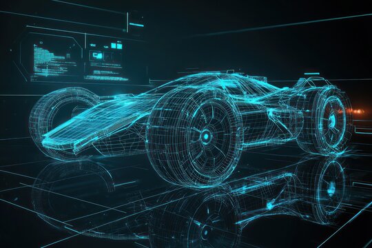 Futuristic vehicle illustrated in wireframe design.