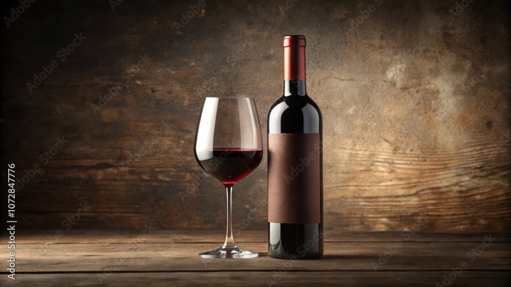 Poster a single bottle of red wine with a blank label and a glass of red wine sitting on a rustic wooden ta