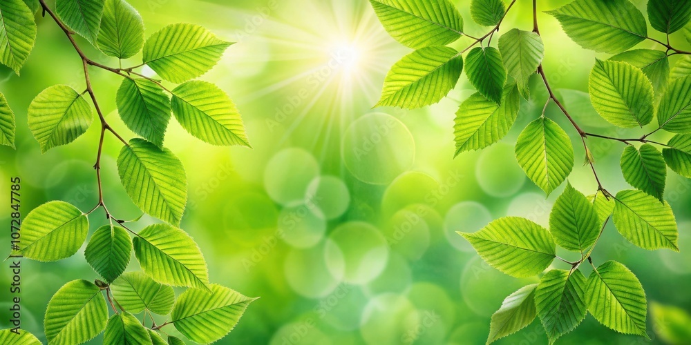 Poster sunlight dappled through lush green leaves, creating a natural frame with a soft, blurred background