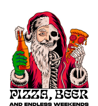 santa claus with split design with skull and holding beer and pizza in hand drawn illustration
