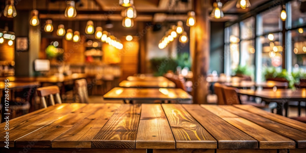Poster close-up of a rustic wooden table in a dimly lit restaurant with bokeh lights and blurred background