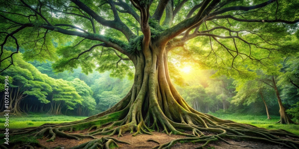 Poster a majestic tree stands tall in a lush forest, its massive roots anchoring it firmly to the earth, wh