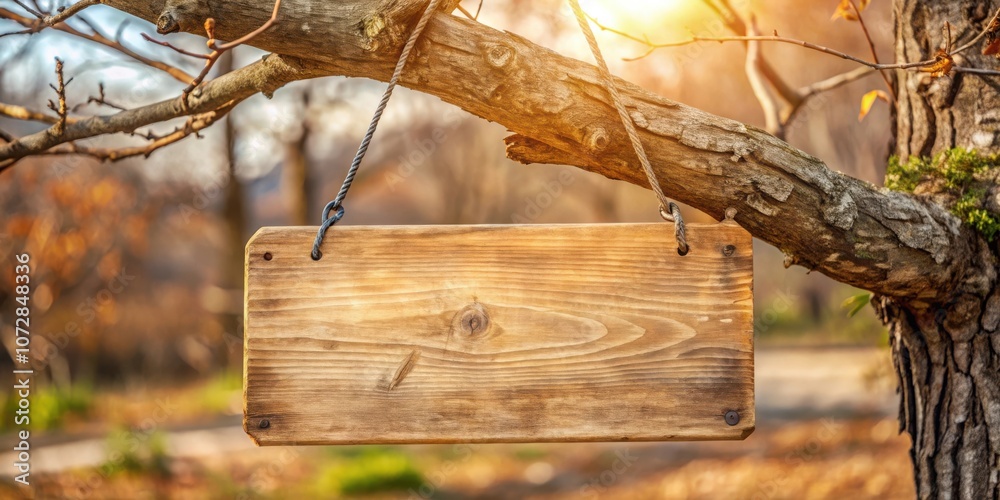 Poster a weathered wooden sign hangs from a branch in a forest setting, offering a blank canvas for your me