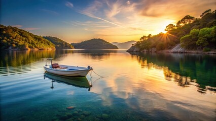 Fototapeta premium A lone boat rests serenely in the calm waters of a secluded bay, bathed in the golden glow of a breathtaking sunrise.