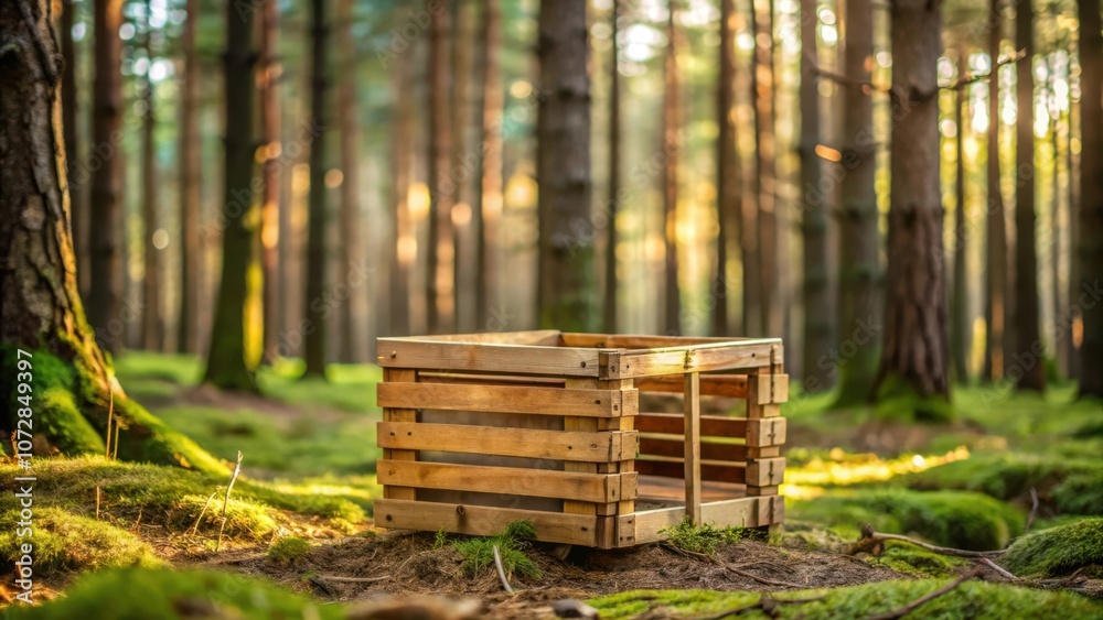 Poster A weathered wooden crate sits alone amidst a forest of towering trees, bathed in the soft glow of sunlight filtering through the canopy.