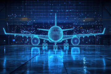 Blue wireframe airplane emphasizes modern aviation in front of a digital hangar.