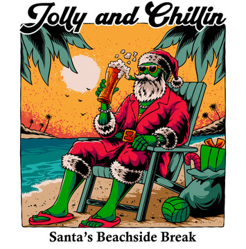 santa claus is relaxing on the beach and holding a beer in this hand drawn illustration