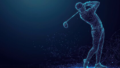 Golf player's dynamic action captured in thin line vector with abstract wireframe detailing.