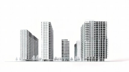 Fototapeta premium Modern High-Rise Buildings Isolated on Clean White Background Suitable for Various Design Projects and Architecture Visualizations