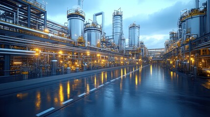Fototapeta premium Industrial facility with pipelines and storage tanks at dusk.