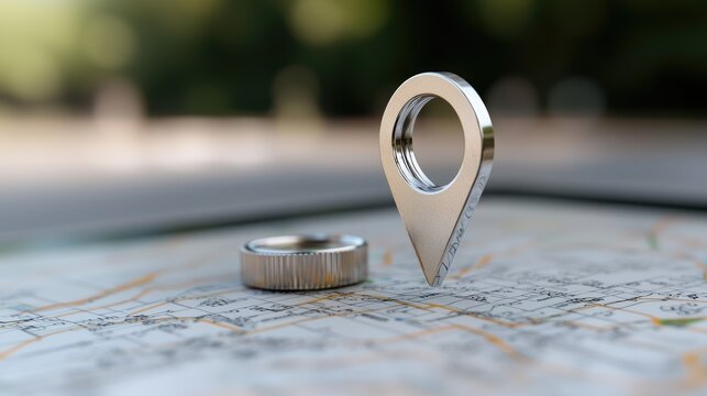 Directional guide - gps navigation pointer symbol on display precise location tracking, wayfinding, modern mapping technology, set against a sleek banner design for seamless orientation.