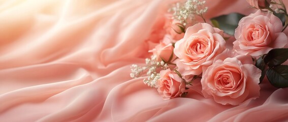 A bouquet of pink roses is placed on a pink background