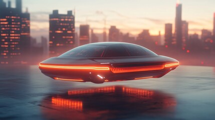 Futuristic Flying Car in Cityscape at Sunset