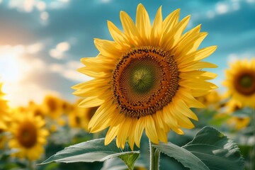 A single yellow sunflower in a field of yellow flowers