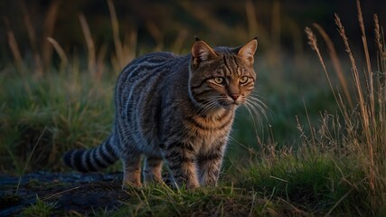 Obraz premium Night's Approach: The Scottish Wildcat's Dusk Foray