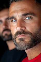 Obraz premium Two men with striking blue eyes pose close together, highlighting their distinct expressions and contrasting styles