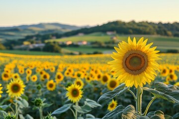 Fototapeta premium A single yellow sunflower in a field of yellow flowers